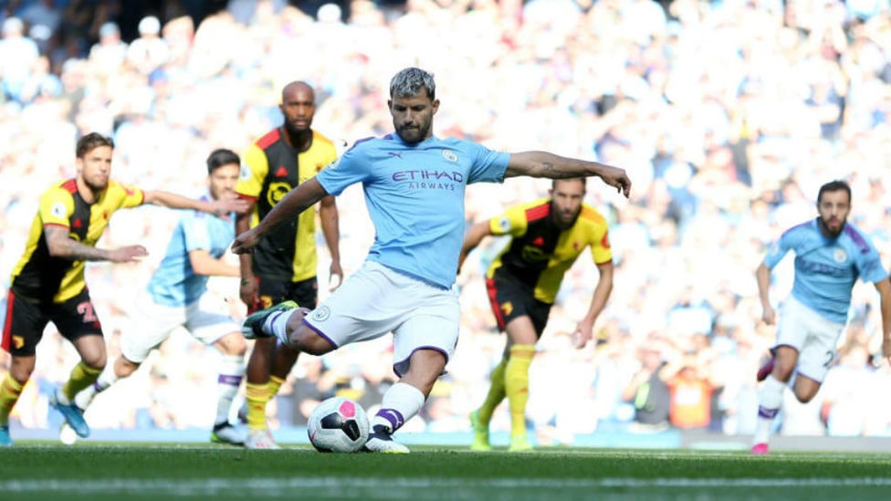 SPECIAL KUN : Sergio converts his penalty to make it 2-0 and chalk up his 100th City career goal at the Etihad