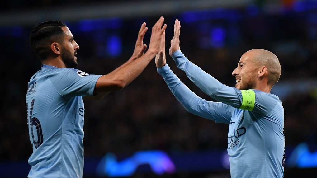 HIGH FIVE : Riyad Mahrez congratulates David Silva on his opener