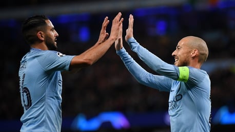 HIGH FIVE: Riyad Mahrez congratulates David Silva on his opener