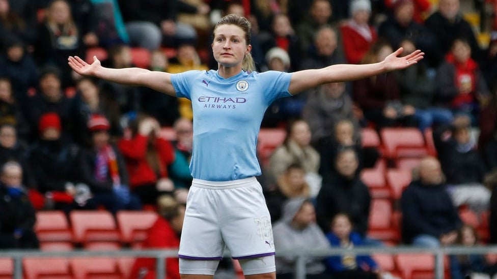 ADULATION : Ellen White takes the applause after scoring in our 3-2 win at Manchester United in the FA Cup.