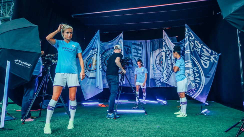 TIME OUT : Steph Houghton and Co take a breather during the photo session