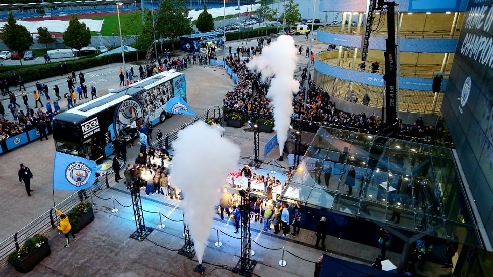 LAST STOP : Our team bus arrives at the Etihad ahead of tonight's Champions League Group C fixture against Dinamo Zagreb