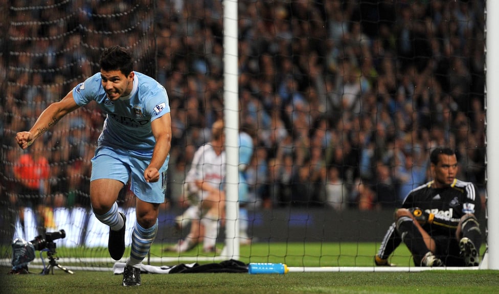 FIRST OF MANY : Sergio netted on his City debut against Swansea in 2011