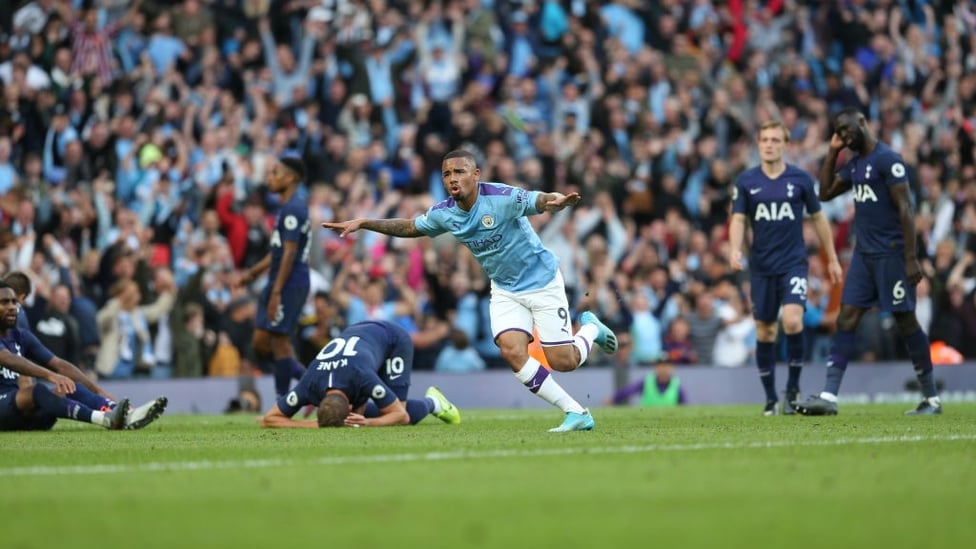 ELATION : Gabriel Jesus celebrates his injury-time strike.