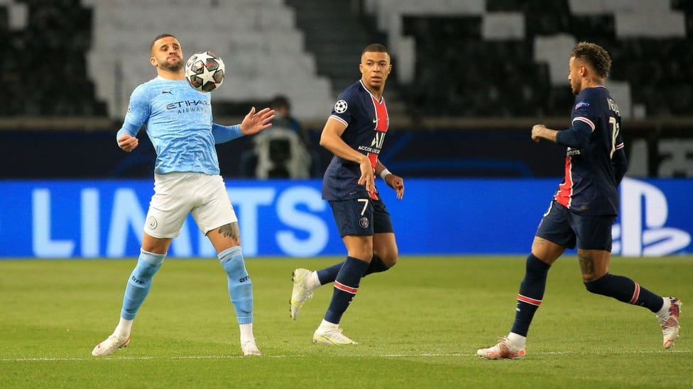 CLOSE CONTROL: Kyle Walker chests the ball down under pressure from Kylian Mbappe and Neymar