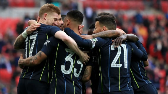 CELEBRATION TIME: Gabriel Jesus is joined by his happy team-mates after his opening goal