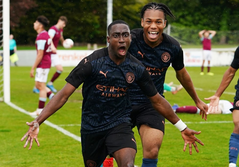 CRUCIAL STRIKE: Carlos Borges celebrates his decisive goal at Burnley which sealed the Under-18 Premier League North title