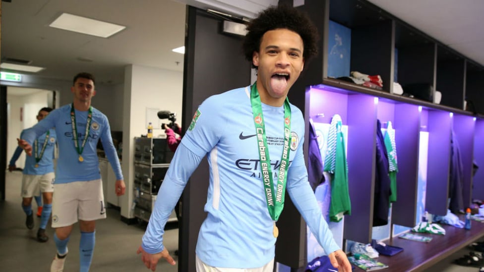 WEMBLEY GLEE: Leroy celebrates after our 2018 Carabao Cup final triumph