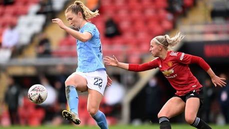 ACTION STATIONS: Sam Mewis takes the fight to Manchester United in the FA Women's Super League derby 