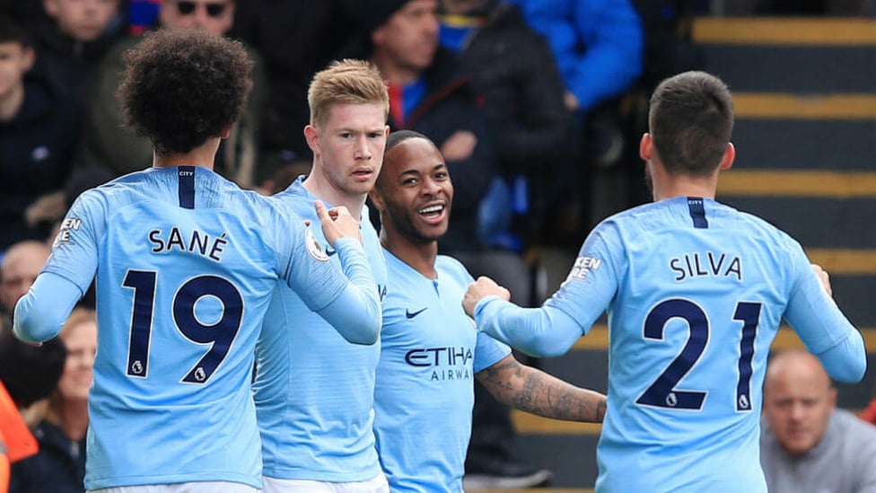 LET THE GOOD TIMES ROLL : Raheem Sterling celebrates opening the scoring for City.