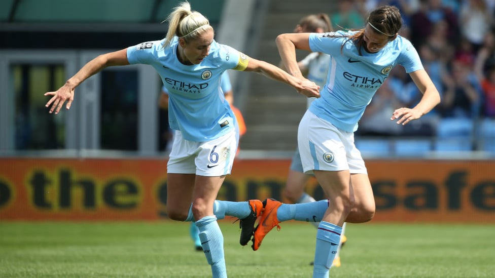 CITY TWO STEP: A novel celebration for Jill and her City and England team-mate Steph Houghton