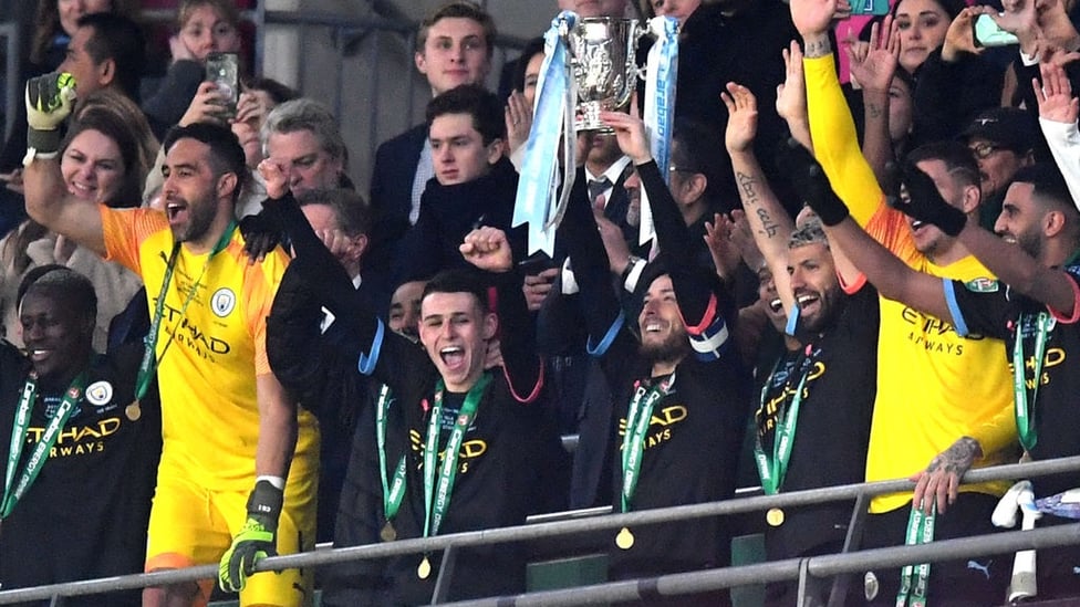 WINNERS : David Silva lifts the Carabao Cup trophy at Wembley.