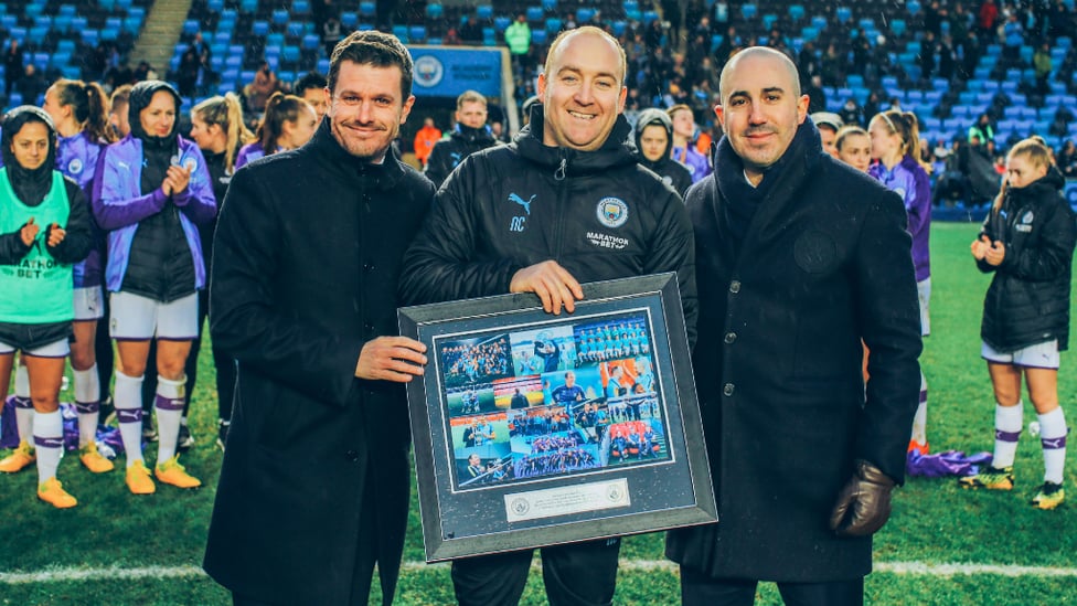 SOUVENIR : Nick is presented with a memento of his time at the Club by Head of Women's Football Gavin Makel and Chief Operating Officer Omar Berrada