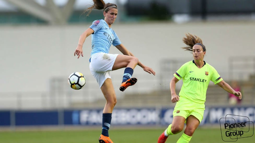 AERIAL BATTLE : Jill Scott launches into the air as the Blues hunt for a goal.