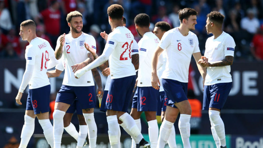 LIONS ROAR : Kyle Walker and his England colleagues celebrate the penalty shoot-out victory