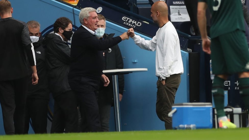 BOSSES : Guardiola greets Bruce as both managers arrive in the dugouts.