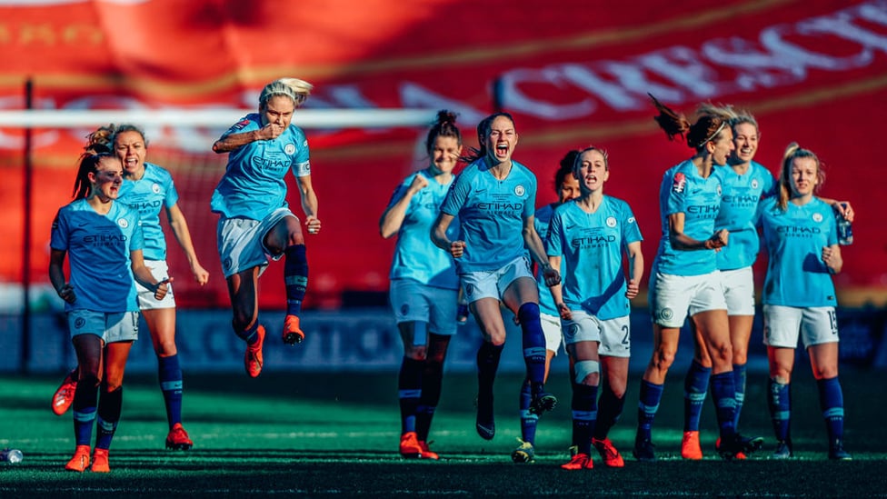 JUMPING FOR JOY : Steph Houghton gets the party started as City seal victory