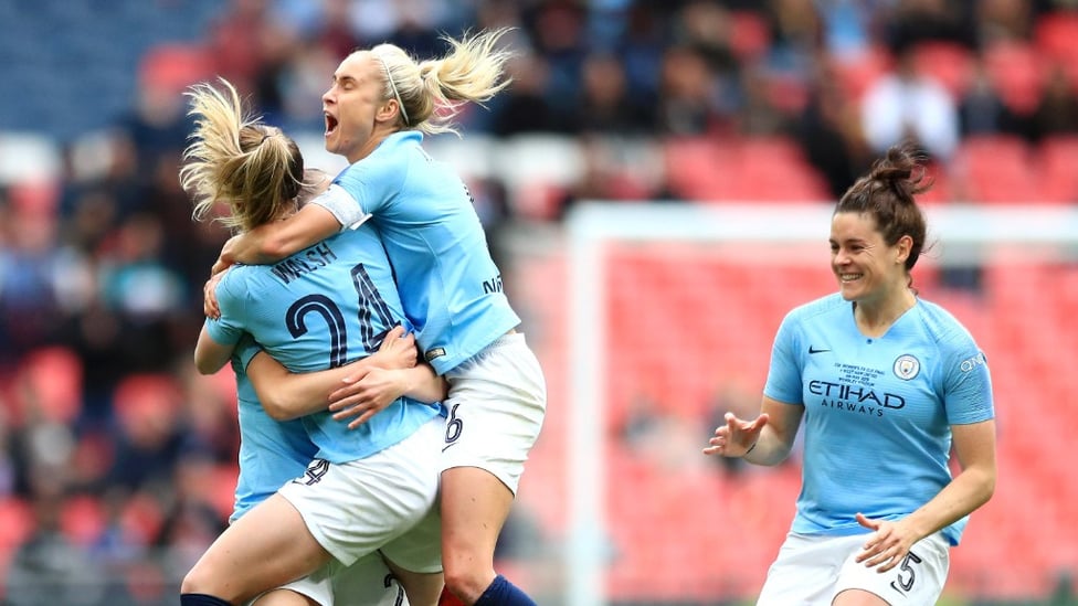 City celebrate taking the lead in the FAWC Final