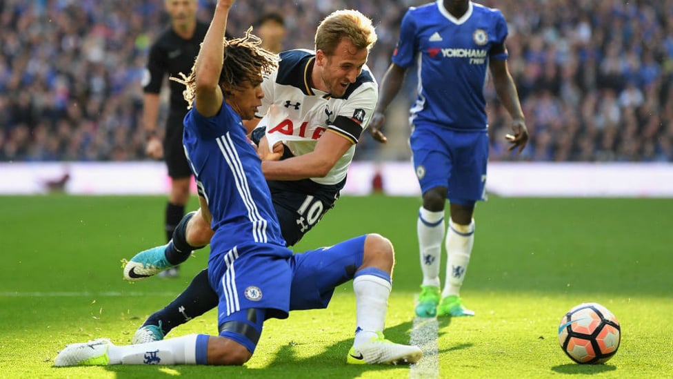  : CAPITAL GAINS: Nathan Ake challenges Tottenham's Harry Kane during his return to Chelsea action in 2017
