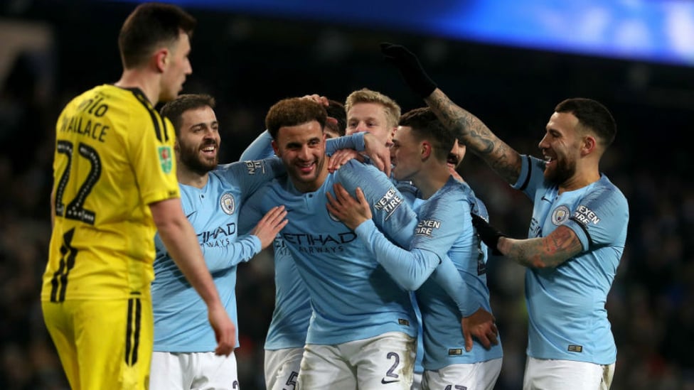 MOB HANDED : The Blues surround Kyle Walker after his strike made it 8-0