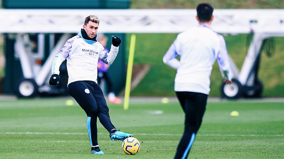 PICKING A PASS : Aymeric Laporte plays out from the back.