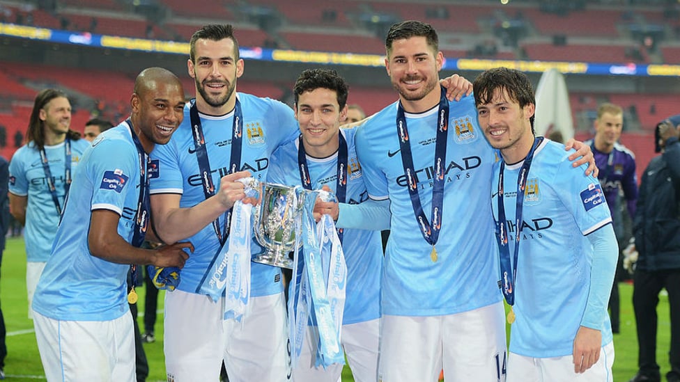 SILVER DREAM MACHINE : Ferna and his City team mates celebrate after our 2014 Carabao Cup final success over Sunderland. It proved to be the first of many trophies in his success-laded City career