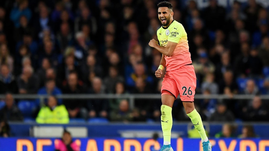 JUMPING FOR JOY: Riyad Mahrez celebrates his goal against Everton.