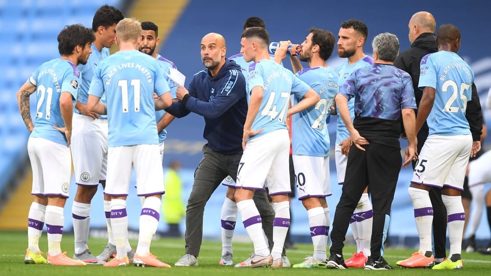 PEP TALK : The boss gives his instructions to the team after the first goal.