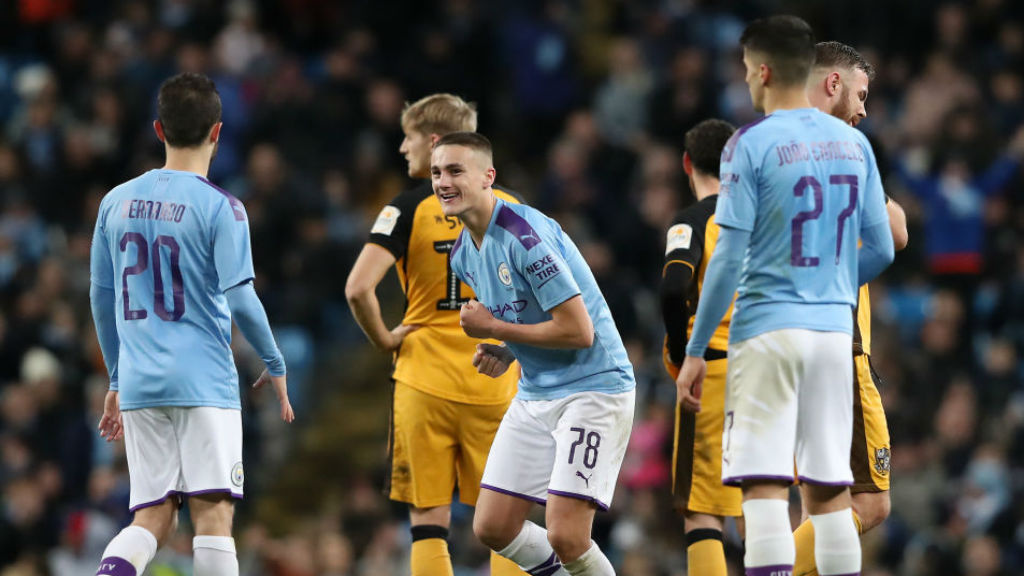 MAGIC MOMENT: Taylor Harwood-Bellis celebrates his first senior City goal against Port Vale last season