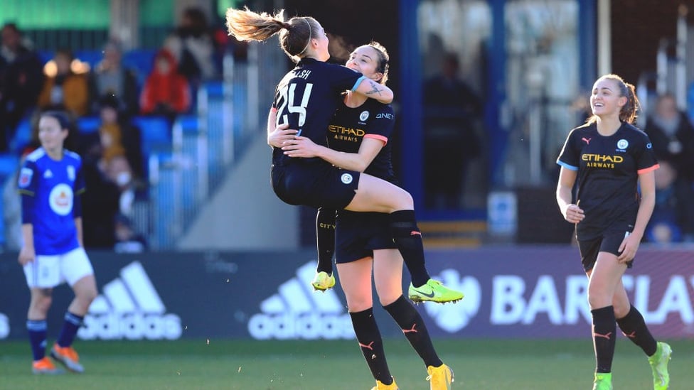 JUMPING FOR JOY : Keira Walsh takes off after netting in the 2-0 win over Birmingham City in January.