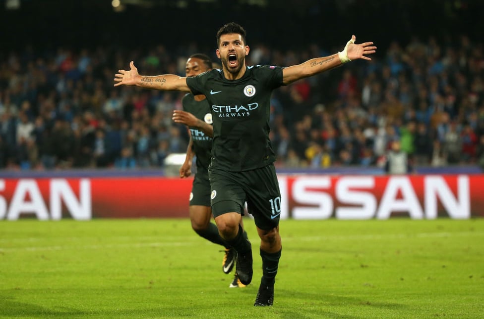 HISTORY BOOKS : Celebrating his record-breaking 178th City goal in the 4-2 win over Napoli in October 2017.