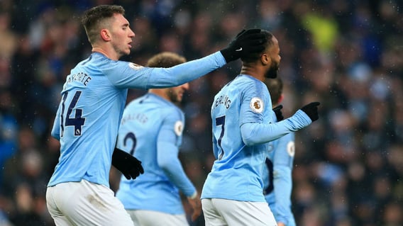 DUO: Aymeric Laporte congratulates m Sterling after he nets City's third.