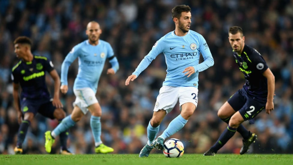 FIRST FOOTING : The midfielder in the thick of the action against Everton during his home debut for City in August 2017