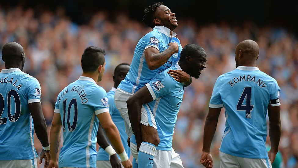 FIRST GOAL : Raheem celebrates after netting his first City goal against Watford.