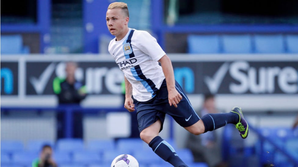 STAR IN STRIPES : Angelino pushes forward during City's Under 18 Premier League Cup final against Everton