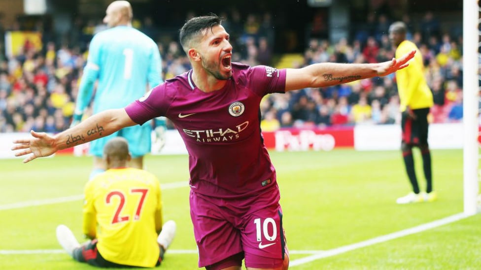 WAT A PLAYER : Aguero wheels away in delight after claiming his latest City hat-trick, this time in our 6-0 win away at Watford in September 2017