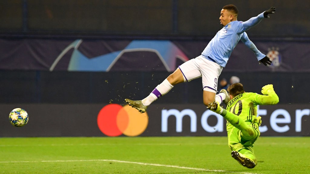 HAT-TRICK HERO : Dominik Livaković is powerless to stop Gabriel Jesus converting Benjamin Mendy's cross for his and City's third goal.