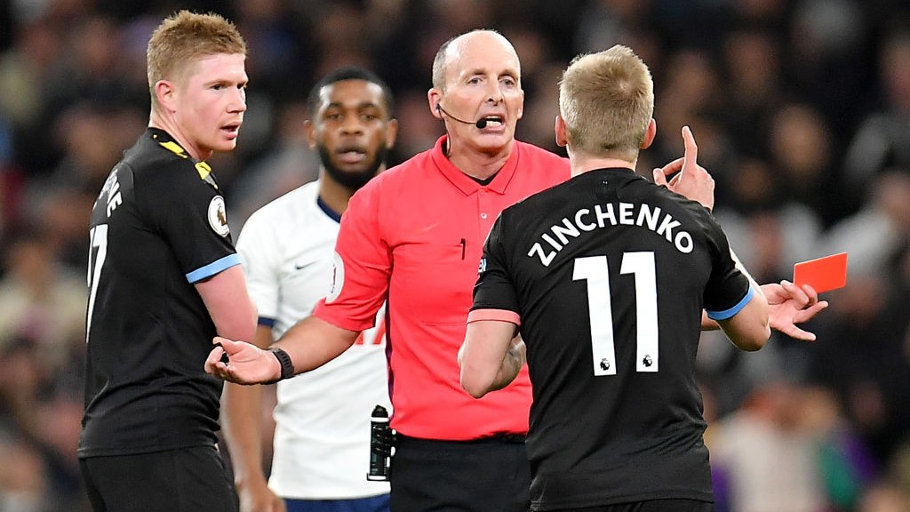 EARLY BATH: Zinchenko is sent off for his second bookable offence.