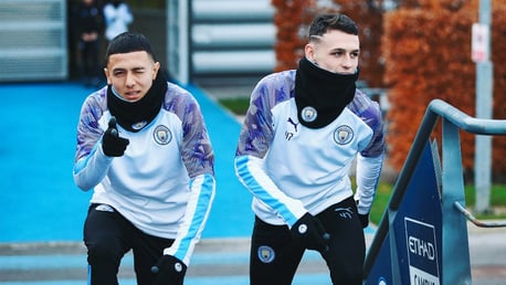 TRAINING: Ian Carlo Poveda and Phil Foden head out for Sunday's session