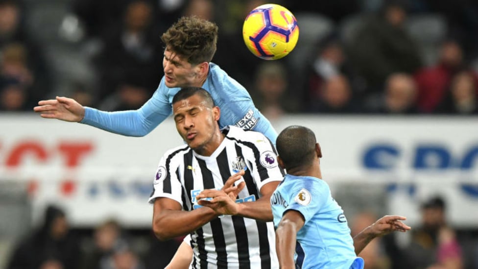 RISING HIGHEST : John Stones beats Salomon Rondon to an aerial ball