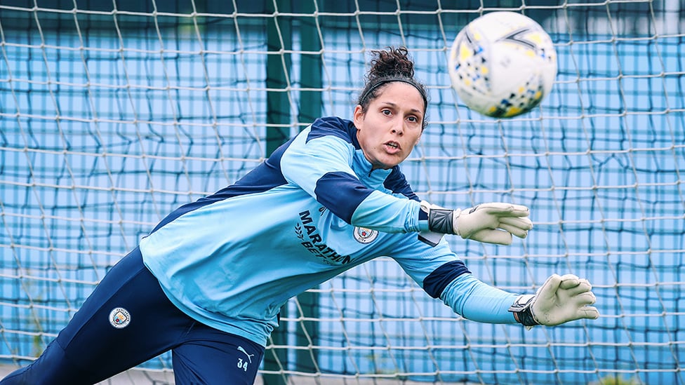 GLOVE STORY: Our French shot-stopper Karima Benameur Taieb sizes up the task in hand