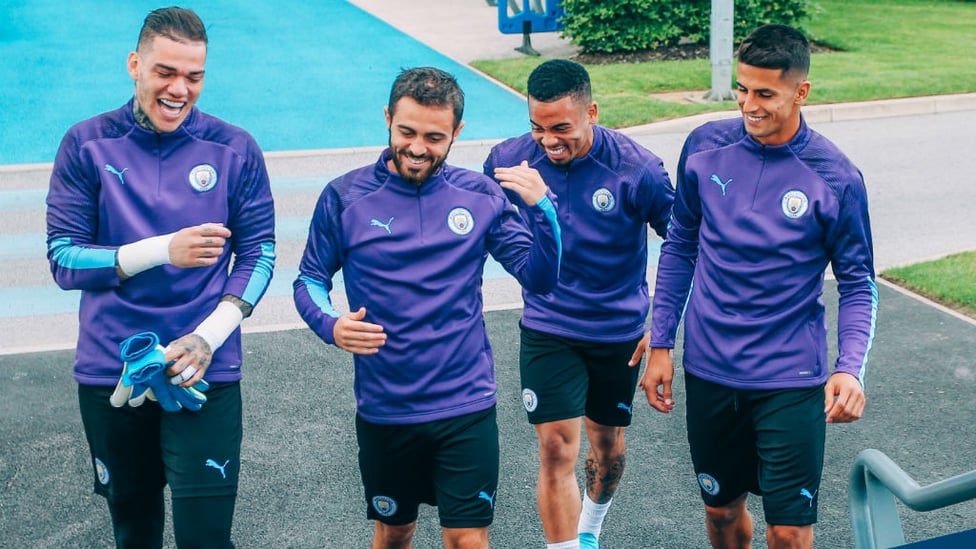 TEAM SPIRIT : Something has tickled the lads, including new signing Joao Cancelo