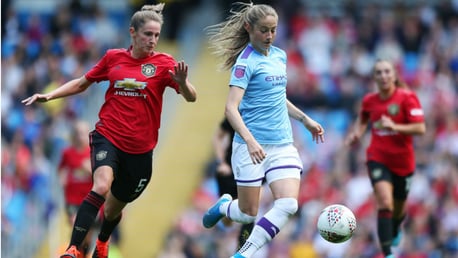 FORWARD MARCH: Janine Beckie in action during last month's historic derby clash with Manchester United