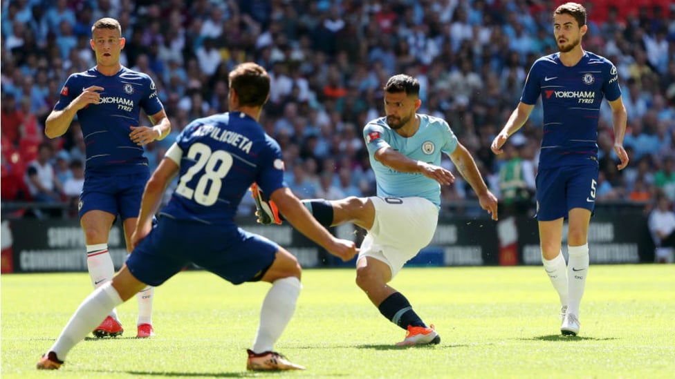 LANDMARK : Sergio Aguero fires home City's opener - and his 200th career goal for the Blues