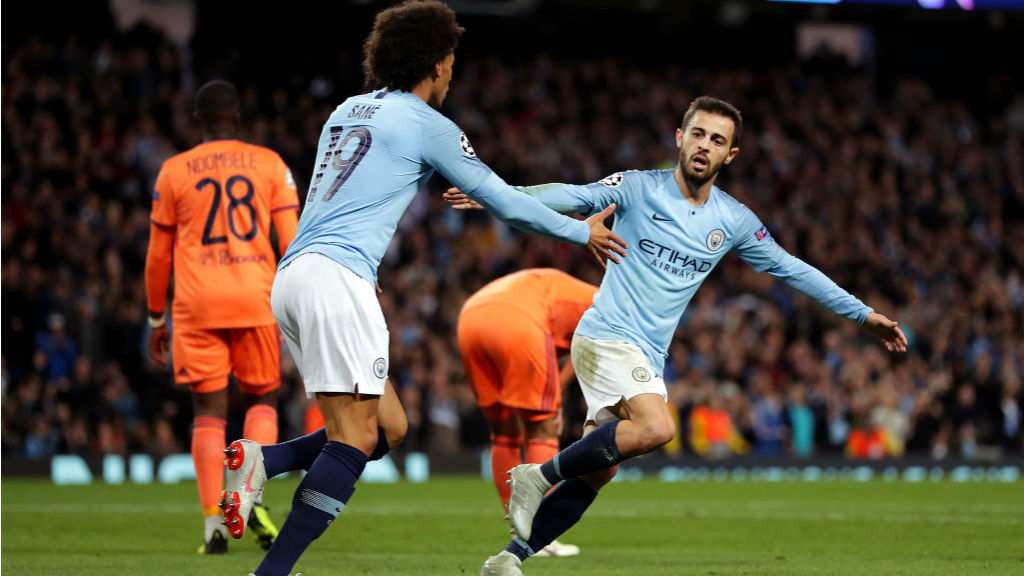 GAME ON? Bernardo Silva celebrates his goal with Leroy Sane