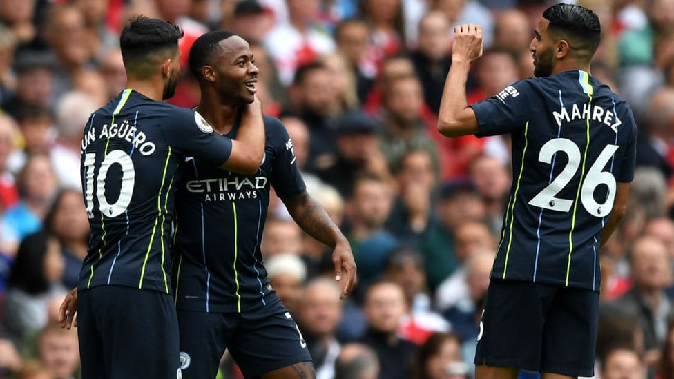 CELEBRATIONS : Sterling celebrates with Aguero and Mahrez after his thunderous strike takes us into the lead.