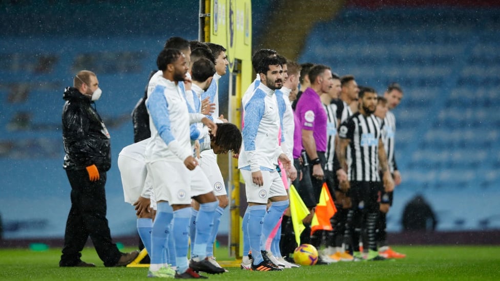 SQUAD GOALS : The players arrive on the pitch as kick-off against the Magpies beckons.