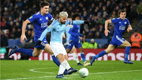 POWER PLAY: Sergio Aguero fires in a shot on the Leicester goal