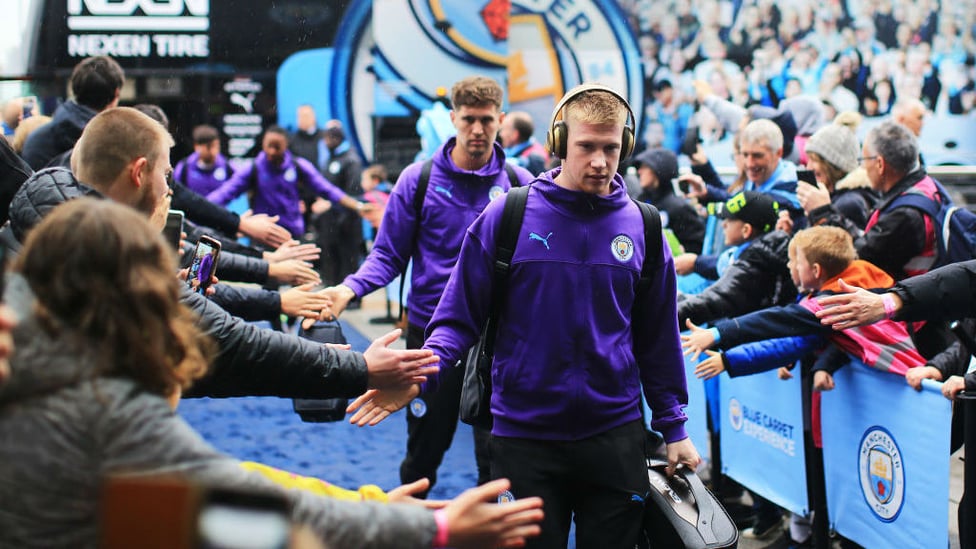 ARRIVAL : De Bruyne and co arrive at the Etihad.