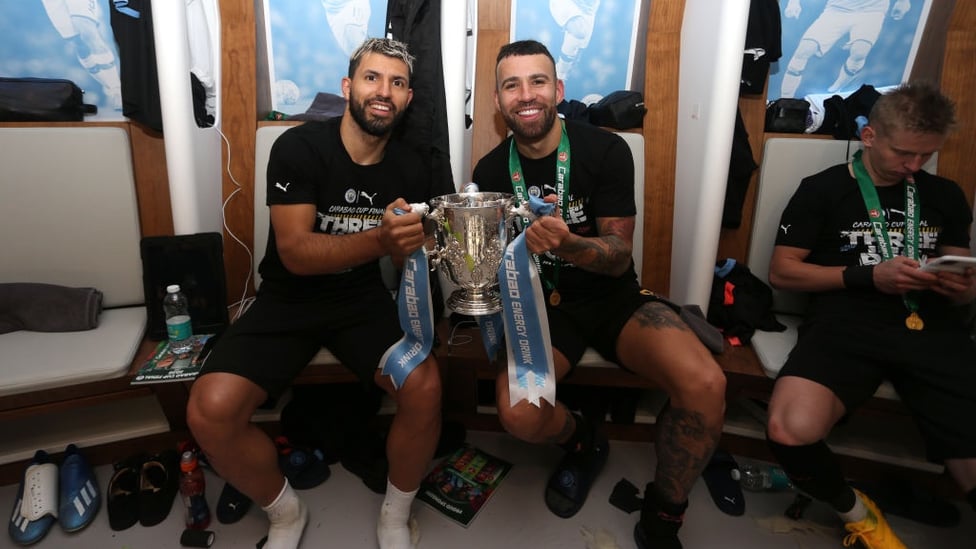 ARGENTINE ACES : Aguero and Otamendi were all smiles after the win.